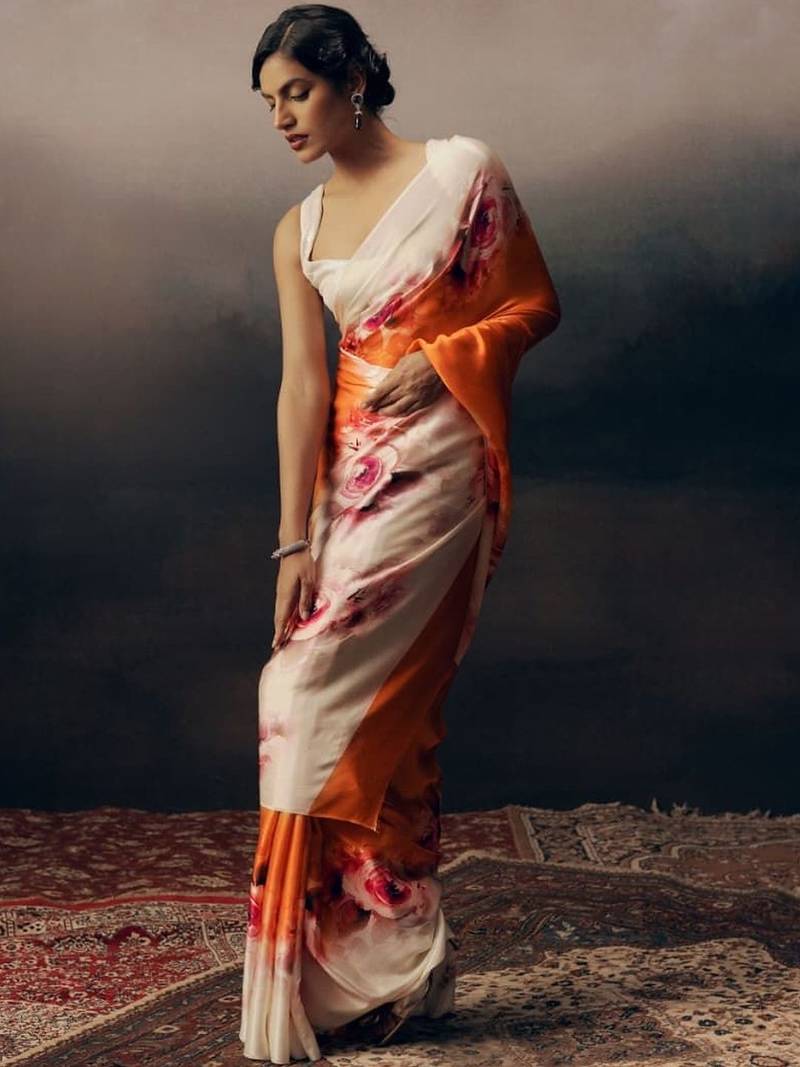 White floral satin saree