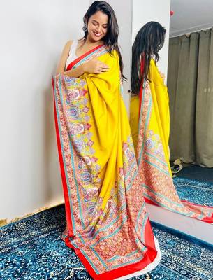 Yellow ajrak block satin saree 1