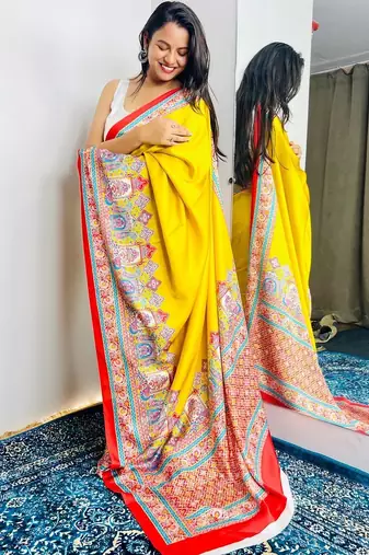 Yellow ajrak block satin saree