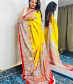 Yellow ajrak block satin saree