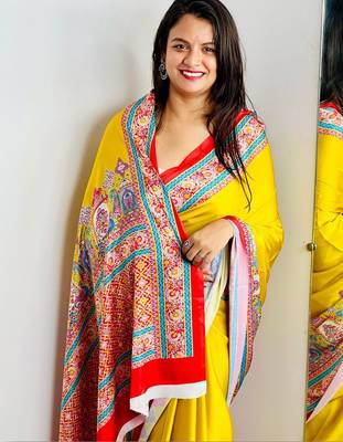 Yellow ajrak block satin saree 2