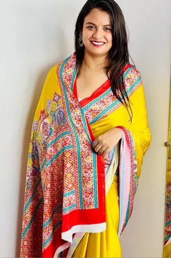 Yellow ajrak block satin saree