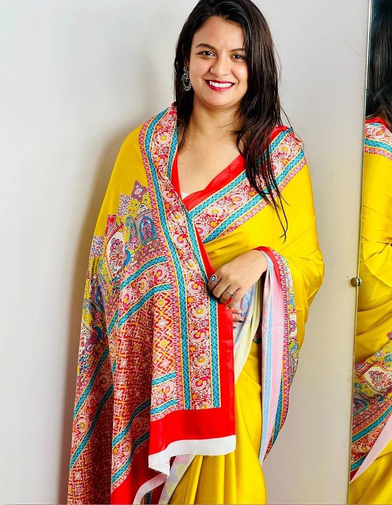 Yellow ajrak block satin saree