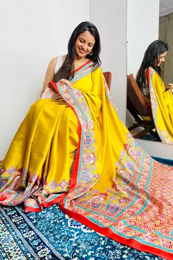 Yellow ajrak block satin saree