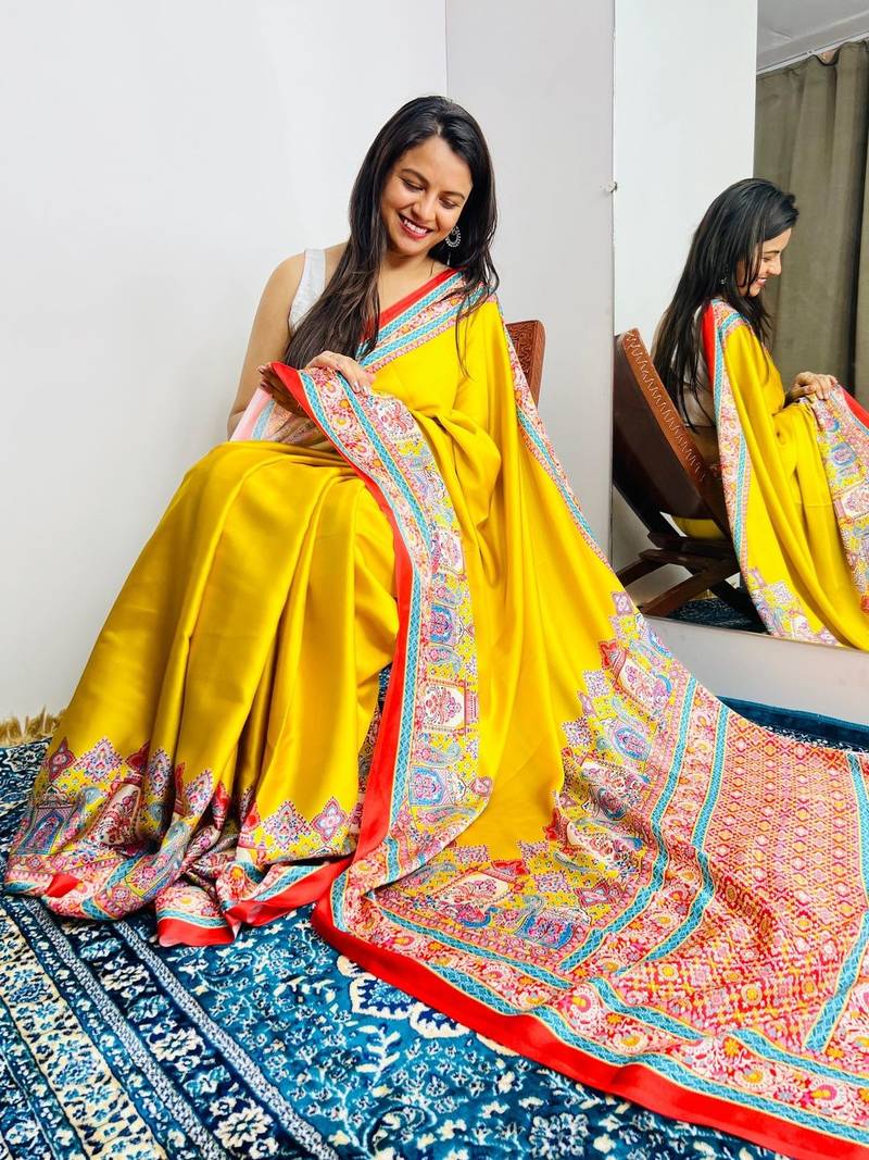 Yellow ajrak block satin saree