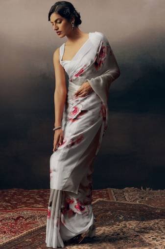 Grey floral satin saree