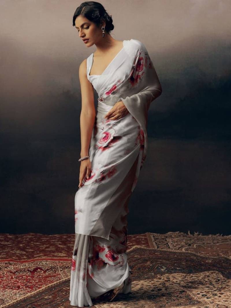 Grey floral satin saree