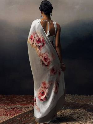Grey floral satin saree 2