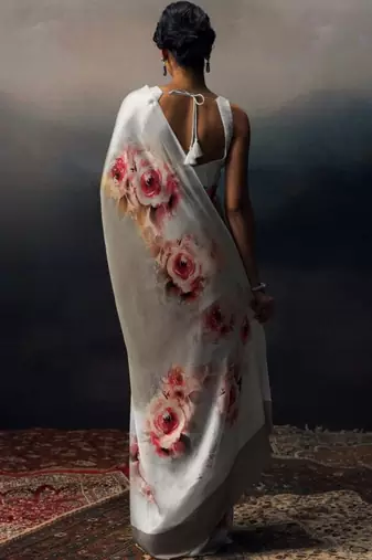 Grey floral satin saree