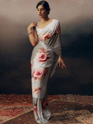 Grey floral satin saree 3