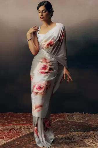 Grey floral satin saree