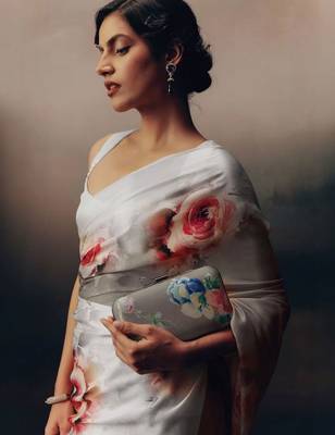 Grey floral satin saree 4