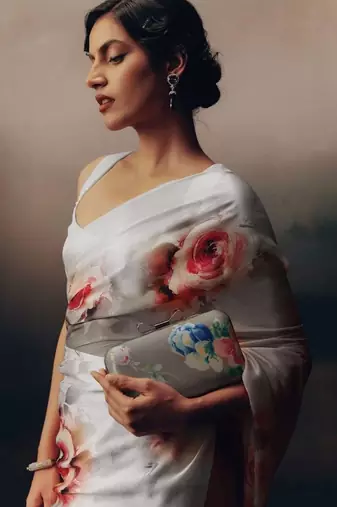 Grey floral satin saree