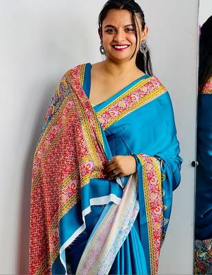 Teal ethnic motifs satin saree 1
