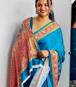 Teal ethnic motifs satin saree
