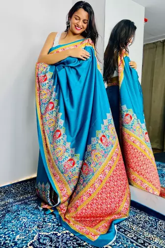 Teal ethnic motifs satin saree