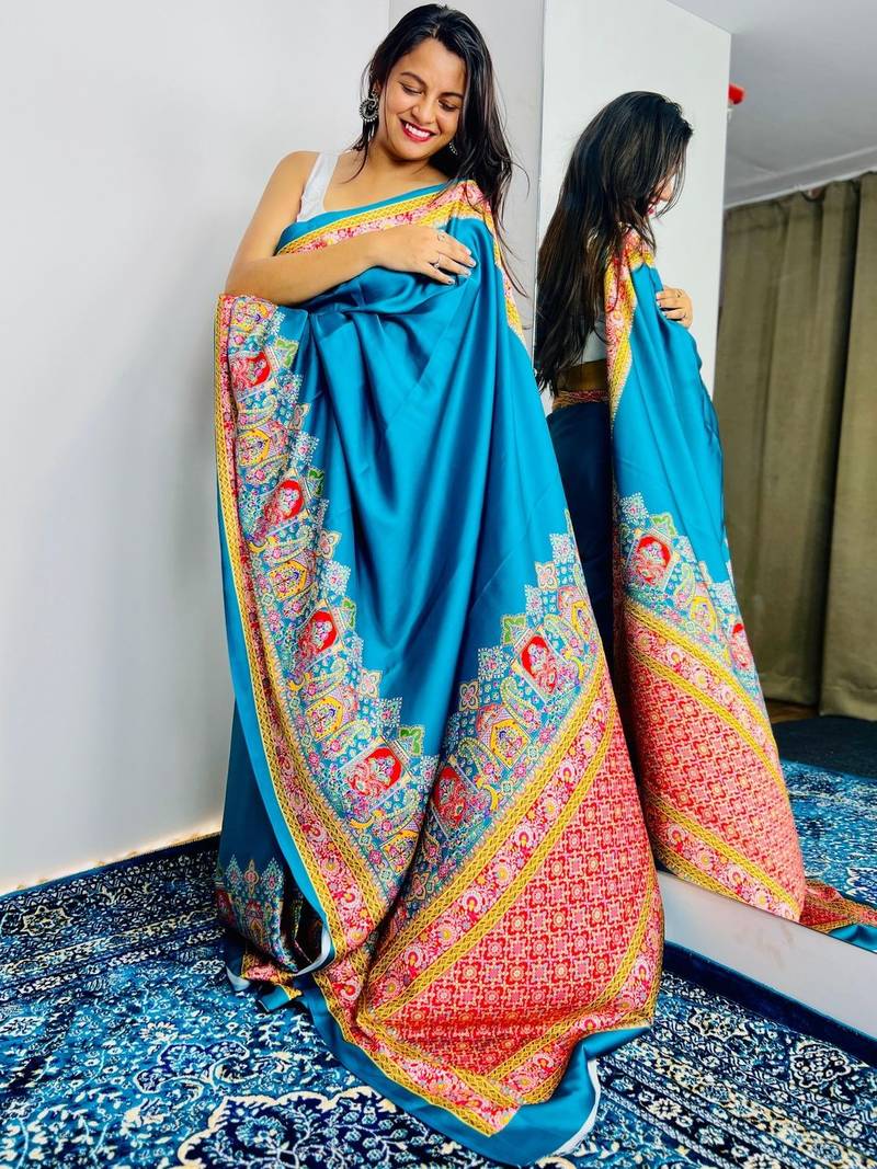 Teal ethnic motifs satin saree