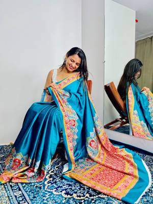 Teal ethnic motifs satin saree 3