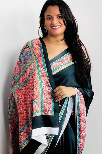 Black ethnic motifs satin saree