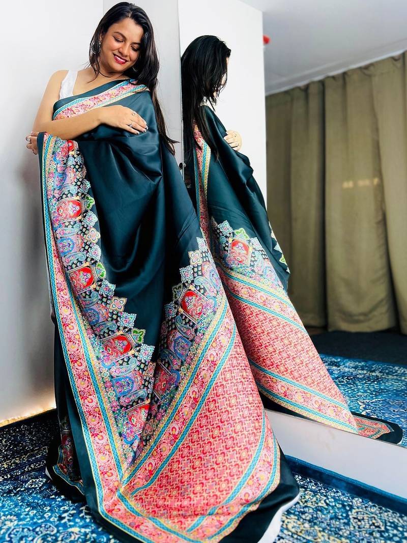 Black ethnic motifs satin saree