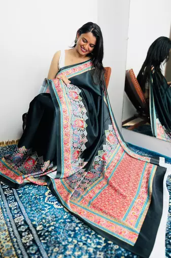 Black ethnic motifs satin saree