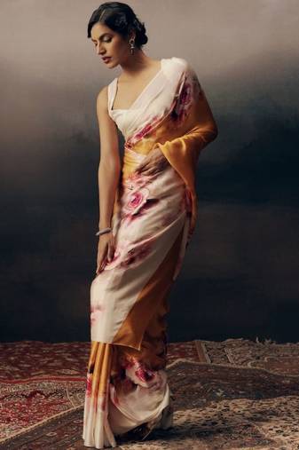 Multicolor floral satin designer saree