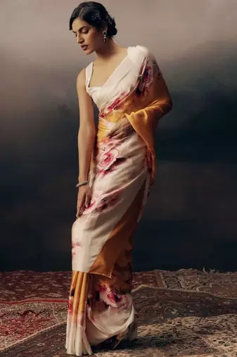 Multicolor floral satin designer saree