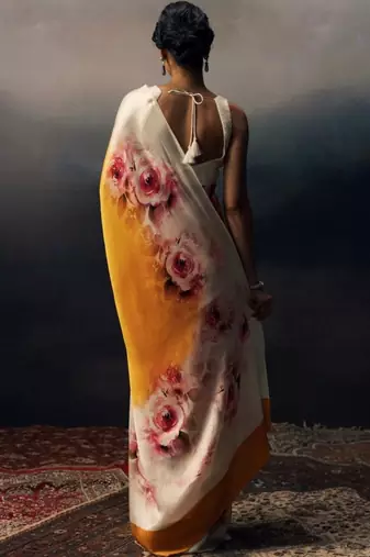 Multicolor floral satin designer saree