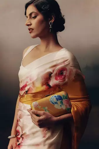 Multicolor floral satin designer saree