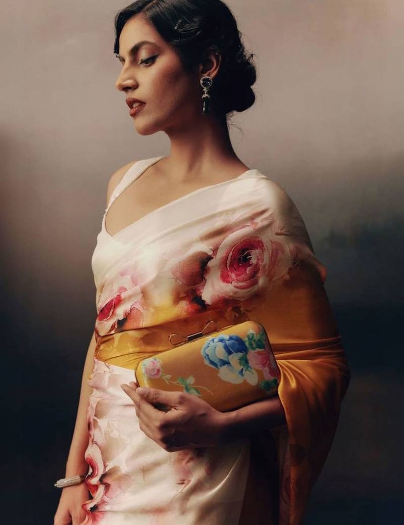 Multicolor floral satin designer saree