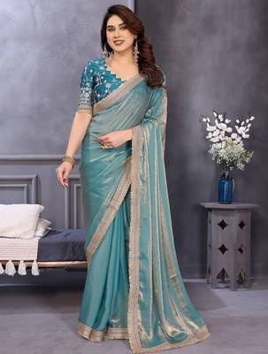 Blue embroidered border satin saree with matching blouse piece 1
