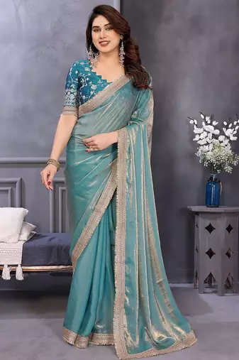 Blue embroidered border satin saree with matching blouse piece