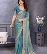 Blue embroidered border satin saree with matching blouse piece