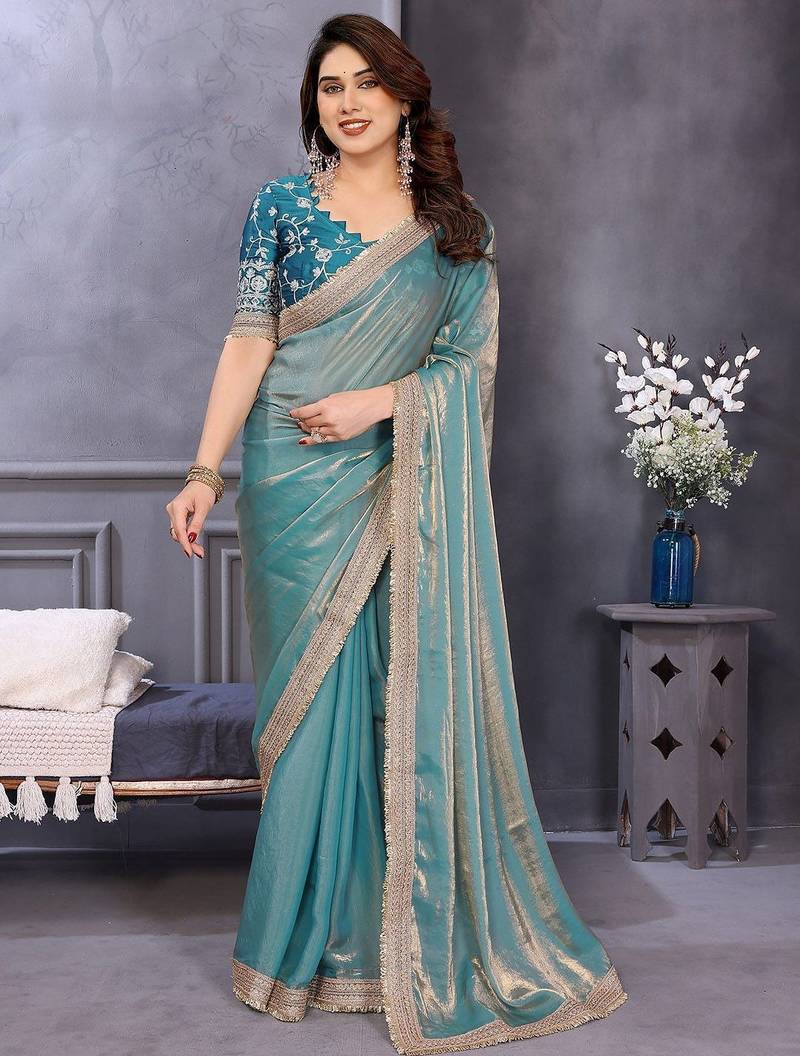 Blue embroidered border satin saree with matching blouse piece