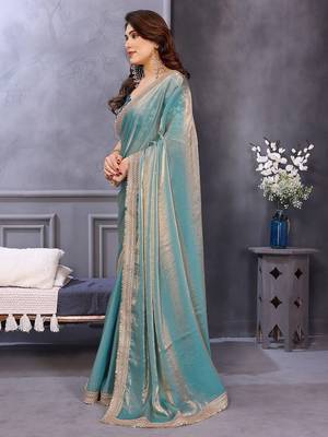 Blue embroidered border satin saree with matching blouse piece 2