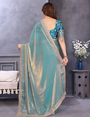Blue embroidered border satin saree with matching blouse piece 3