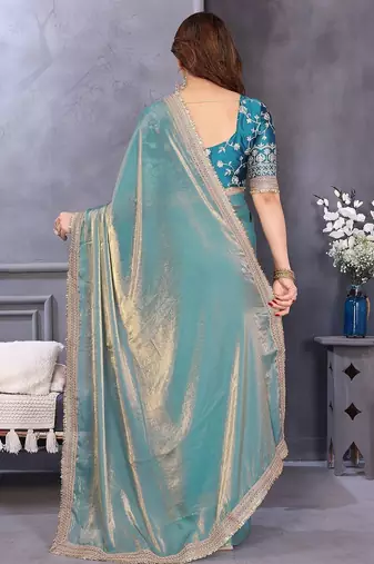 Blue embroidered border satin saree with matching blouse piece