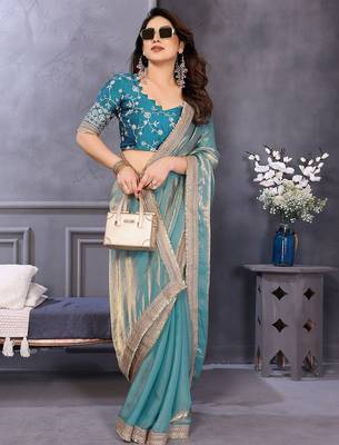 Blue embroidered border satin saree with matching blouse piece 4