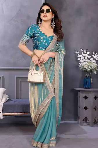 Blue embroidered border satin saree with matching blouse piece