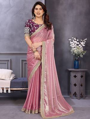 Pink embroidered zari beads and stones satin saree 1