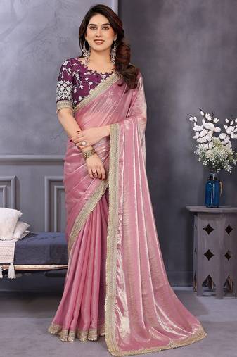 Pink embroidered zari beads and stones satin saree
