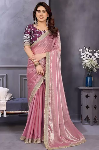 Pink embroidered zari beads and stones satin saree