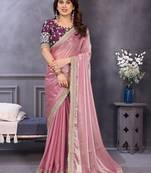 Pink embroidered zari beads and stones satin saree