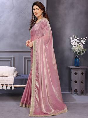 Pink embroidered zari beads and stones satin saree 2