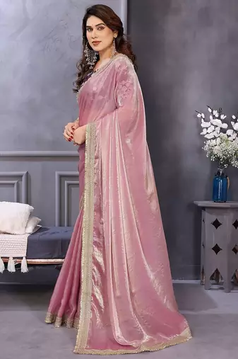 Pink embroidered zari beads and stones satin saree
