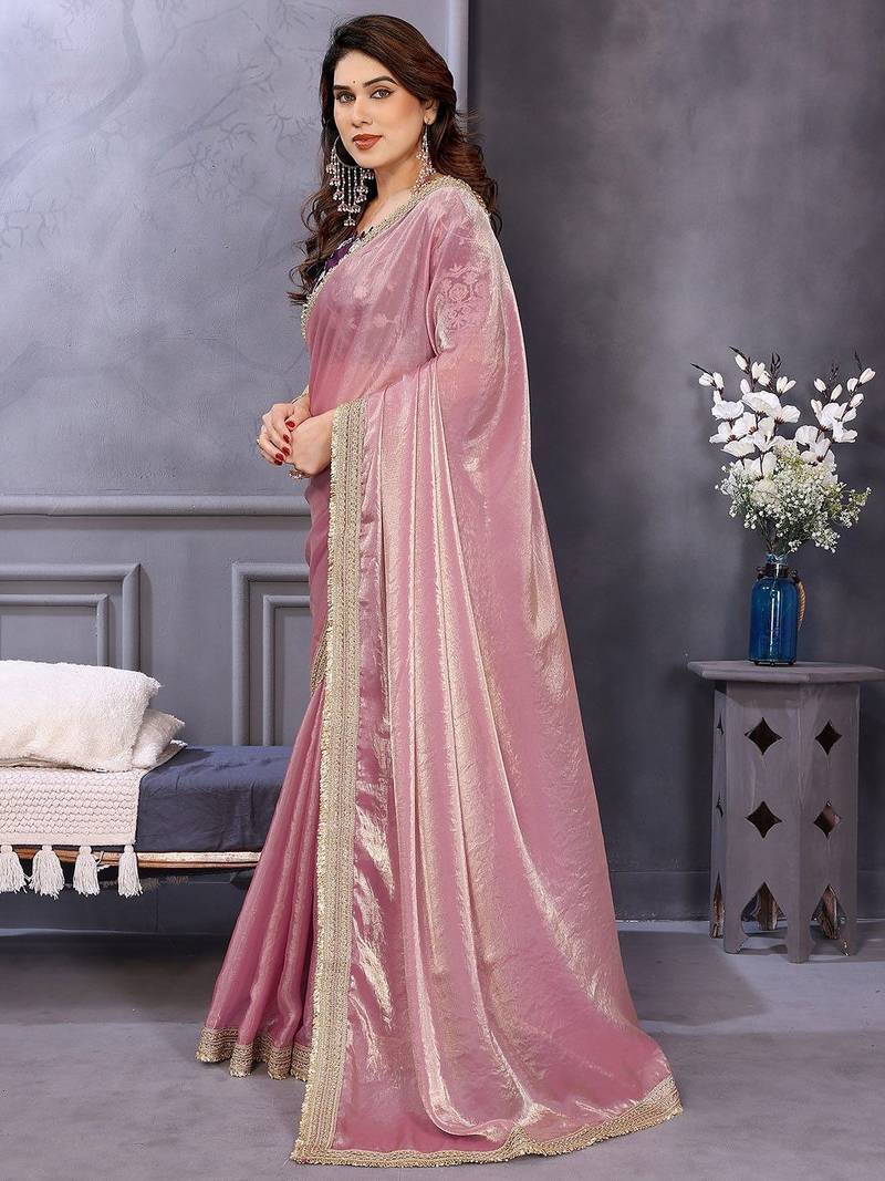Pink embroidered zari beads and stones satin saree
