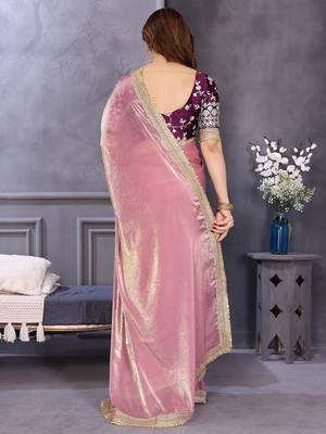 Pink embroidered zari beads and stones satin saree 3