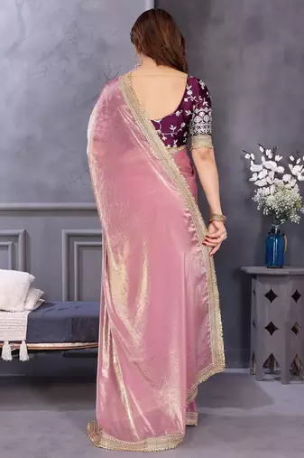 Pink embroidered zari beads and stones satin saree
