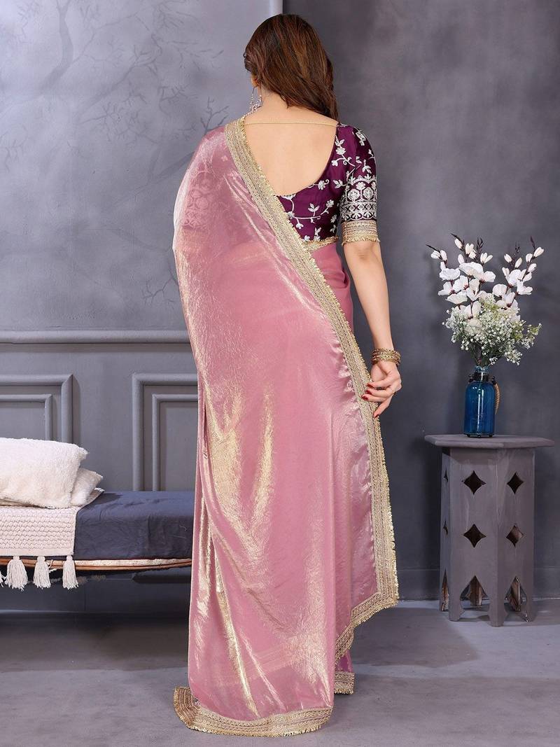 Pink embroidered zari beads and stones satin saree