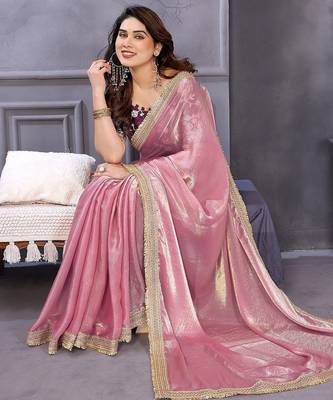 Pink embroidered zari beads and stones satin saree 4